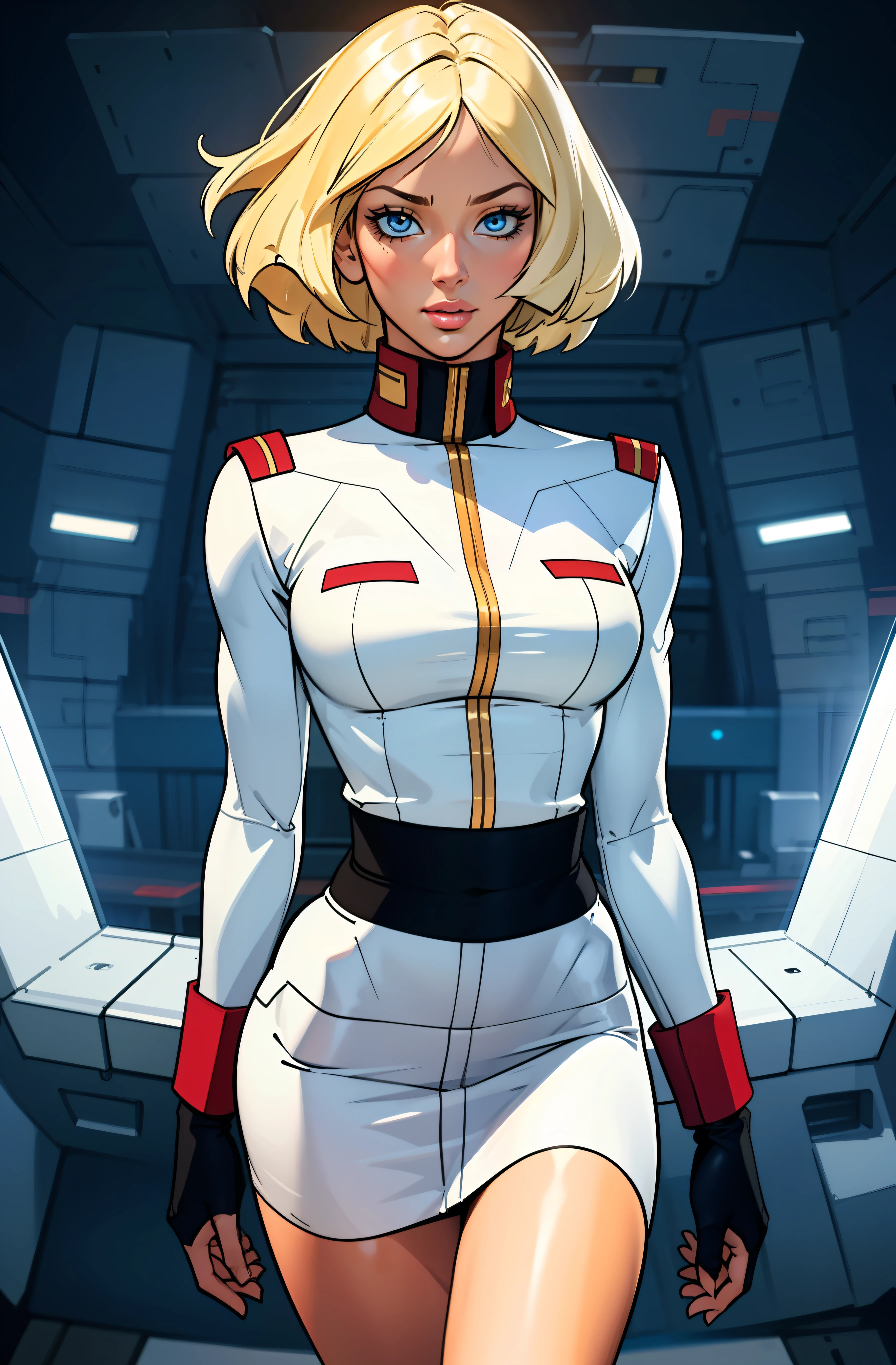 ((masterpiece)), ((cinematic lighting)), realistic photo、Real Images、Top image quality、1girl in, sayla mass, Elegant, masterpiece, Convoluted,Ultra mini skirt、wide hips, fit thighs, Best Quality, absurderes, high face detail, Perfect eyes, mature, Cowboy Shot, , Vibrant colors, White uniform, Skirt,
