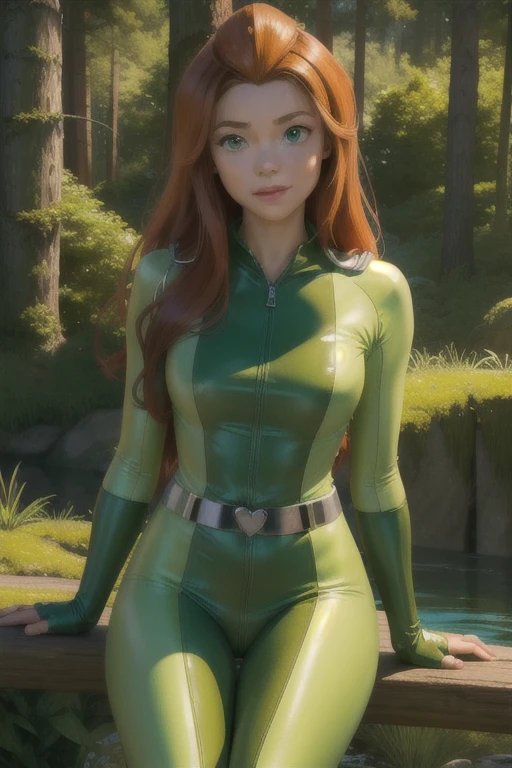 sam \(totally spies\), orange hair, long hair, green eyes,
green bodysuit, belt
smile,closed mouth,cowboy shot,sitting,
forest,outdoor,
(insanely detailed, masterpiece, best quality) cinematic lighting,