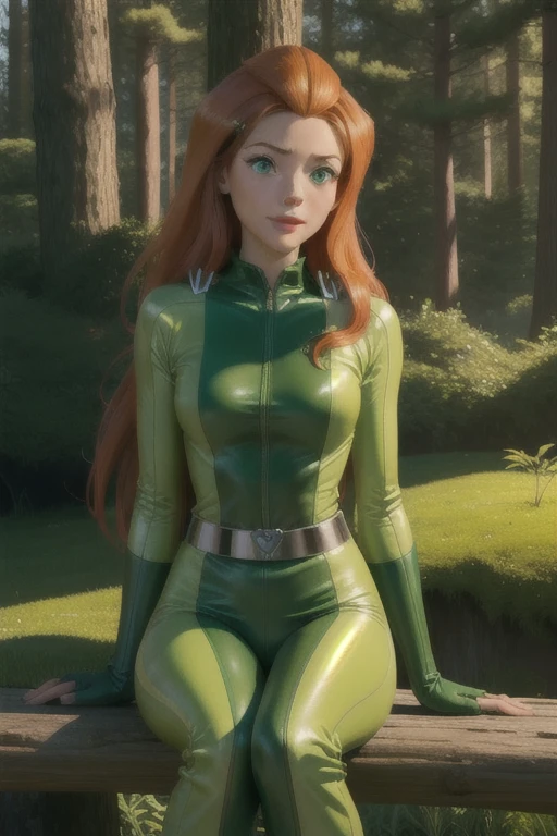 sam \(totally spies\), orange hair, long hair, green eyes,
green bodysuit, belt
smile,closed mouth,cowboy shot,sitting,
forest,outdoor,
(insanely detailed, masterpiece, best quality) cinematic lighting,