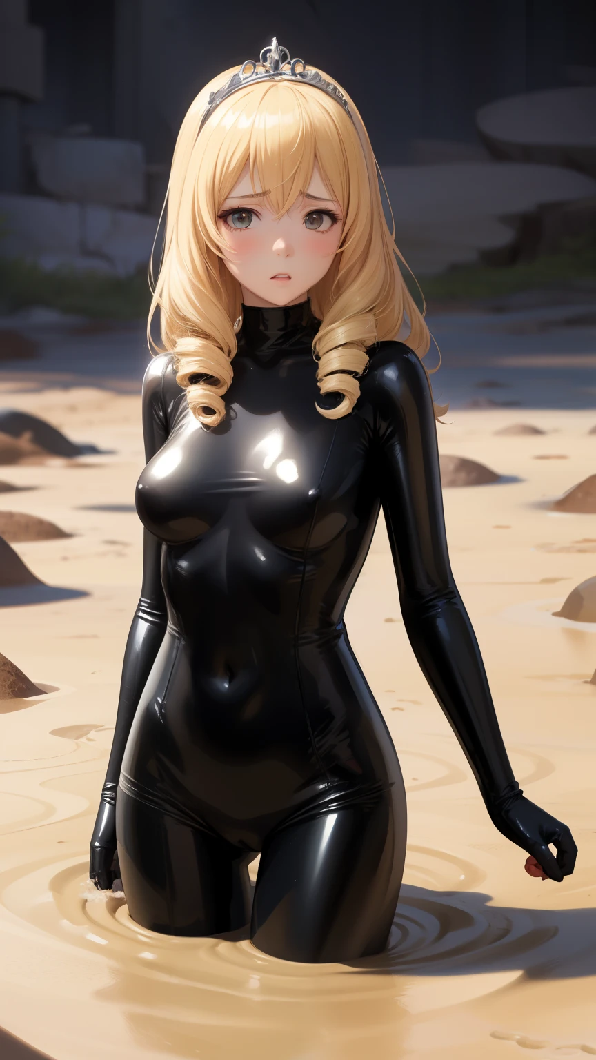 masterpiece, best quality, 1girl, very curly hair, blonde hair, shiny hair, tiara, diadem, medium breasts, glossy lips, good lighting, latifa fleuranza, catsuit, bodysuit, cyberpunk, upset, worries, (quicksand:1.3)