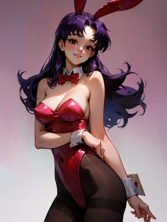 misato, black eyes, parted bangs, long hair, pantyhose, playboy bunny, bare shoulders, smile, cowboy shot, highly detailed, HD, 4K, Masterpiece, highres