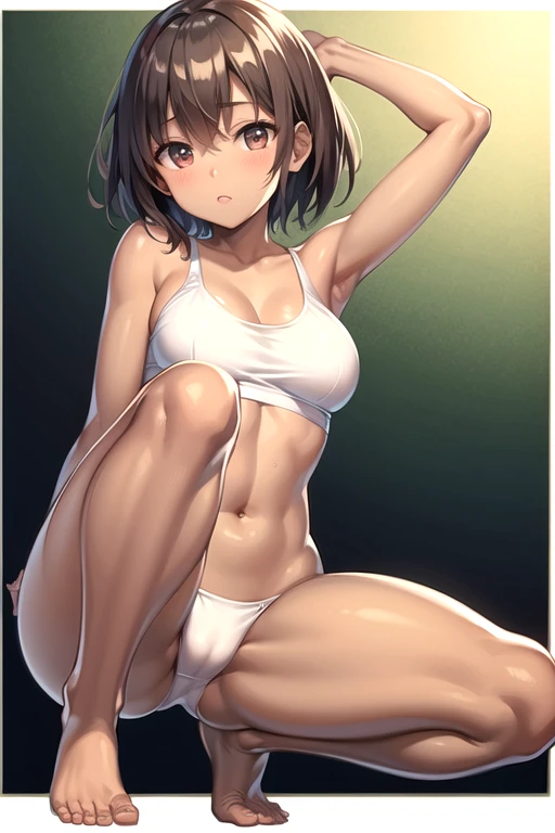 ((highest quality)), ((masterpiece)), (detailed), Perfect Face girl barefoot detailedな足 detailedな足指 Brown Skin Tanned brown skin Reddish brown skin Place your hands behind your head. Crouching