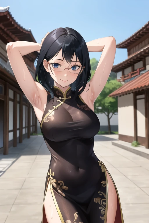 ((best quality)),((highly detailed)),masterpiece,absurdres,detailed face,beautiful face,(detailed eyes, deep eyes),1girl,((dynamic pose)), shimizu kiyoko, black hair, solo, bow, large breasts, cowboy shot, chinese town, outdoors, seductive smile, looking at viewer, wearing red sexy chinese dress, put your hands behind your head, armpits, armpits visible, sweaty armpits, wearing glasses