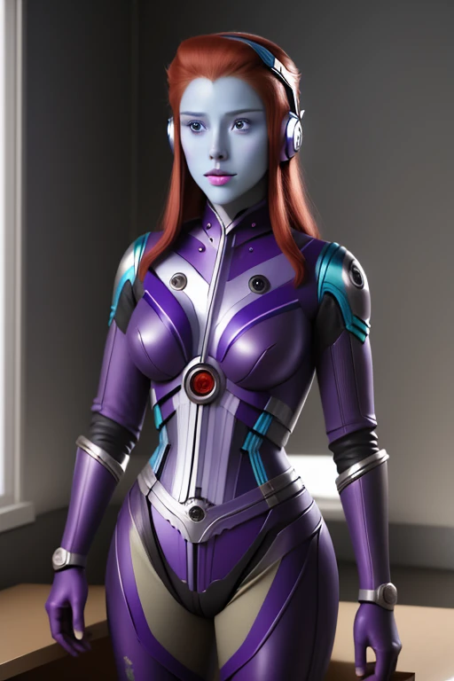 masterpiece, best quality, CG, wallpaper, HDR, high quality, high-definition, extremely detailed, mind control device, best quality, masterpiece, 1girl , melda deitz, (blue skin:1.1), ahoge, red hair, purple bodysuit, spacesuit,, headset, pain, clenched teeth, headphones, sitting, nude, large breasts, pussy juice, wires,
