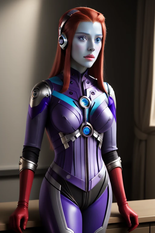 masterpiece, best quality, CG, wallpaper, HDR, high quality, high-definition, extremely detailed, mind control device, best quality, masterpiece, 1girl , melda deitz, (blue skin:1.1), ahoge, red hair, purple bodysuit, spacesuit,, headset, pain, clenched teeth, headphones, sitting, nude, large breasts, pussy juice, wires,
