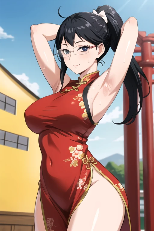 ((best quality)),((highly detailed)),masterpiece,absurdres,detailed face,beautiful face,(detailed eyes, deep eyes),1girl,((dynamic pose)), shimizu kiyoko, black hair, solo, bow, large breasts, cowboy shot, chinese town, outdoors, seductive smile, looking at viewer, wearing red sexy chinese dress, put your hands behind your head, armpits, armpits visible, sweaty armpits, wearing glasses, ponytail