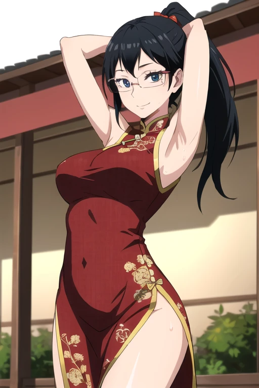 ((best quality)),((highly detailed)),masterpiece,absurdres,detailed face,beautiful face,(detailed eyes, deep eyes),1girl,((dynamic pose)), shimizu kiyoko, black hair, solo, bow, large breasts, cowboy shot, chinese town, outdoors, seductive smile, looking at viewer, wearing red sexy chinese dress, put your hands behind your head, armpits, armpits visible, sweaty armpits, wearing glasses, ponytail