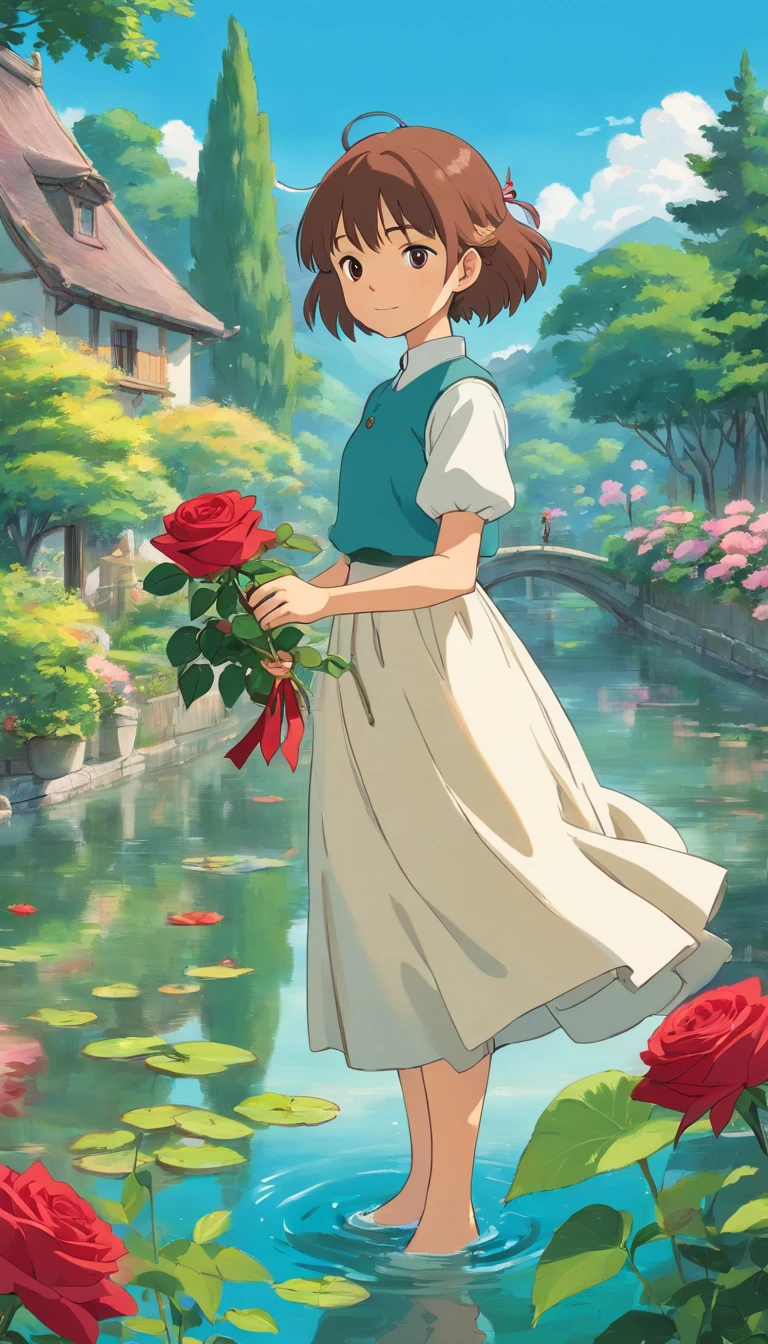 someone is holding a flower in their hand near a pond, holding a rose, holding a flower, holding a red rose, holding a rose in a hand, picking up a flower, holding magic flowers, holding a red orchid, holding flowers, picking flowers, holding a giant strawberry, in harmony with nature, in a pond, roses in hands, the most beautiful scene
