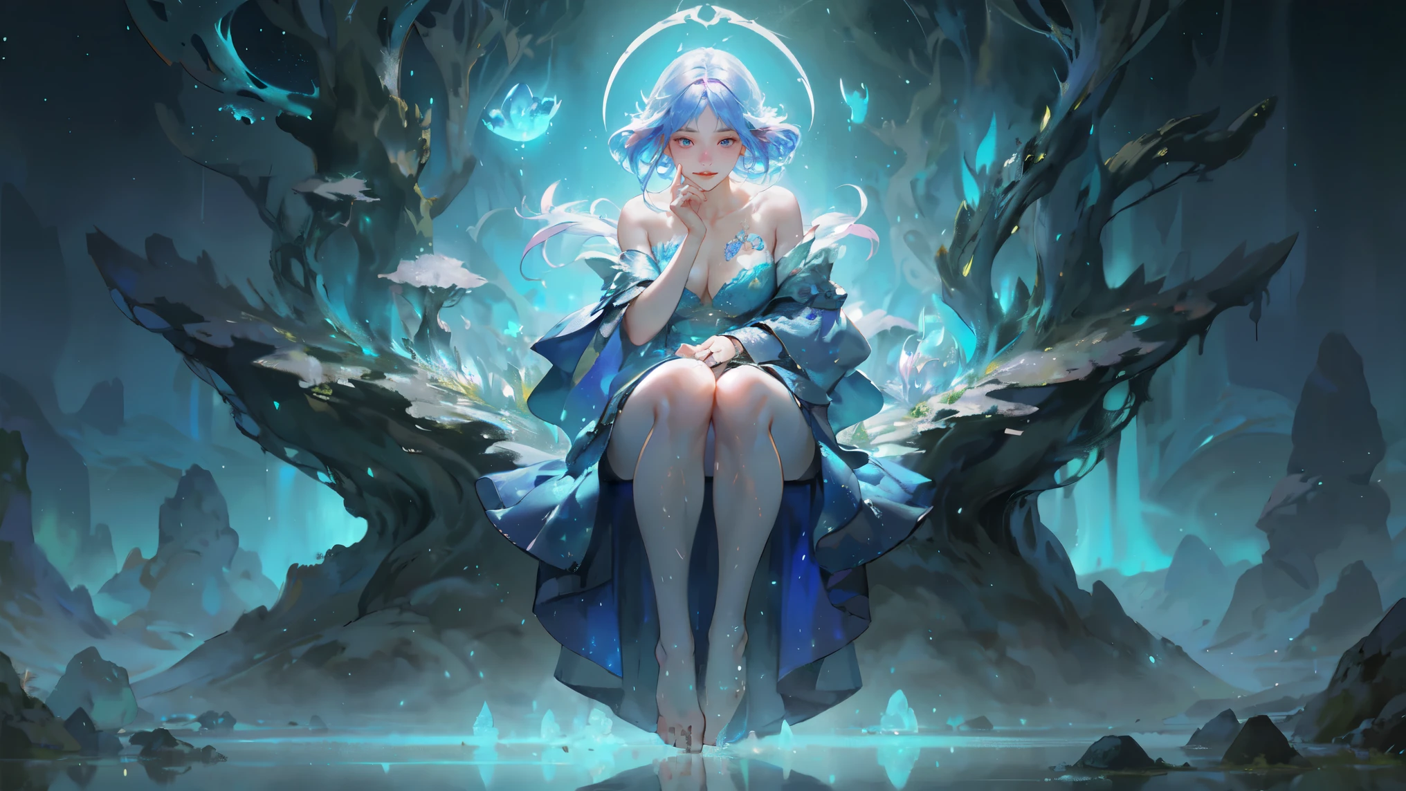 (A girl washing her feet by the pond), glowing scales , Mysterious atmosphere, Colorful, Complex Mode, atmosphere, 超high resolution, (Realistically:1.4), RAW photos,16K,drama灯光,Tights,Leaking cleavage,Leaking out of the shoulder,Outward-facing breasts,Surreal illustration, high resolution, Ultra Detailed, absurd,(Fractal Art:1.3)、Feel free to hairstyle、Random hair color colorful、full-body shot、high quality、Precise focus、Random pose、4D Cinema、drama,(Green and blue glowing magic fragments:1.3)),(Epic, ethereal atmosphere),(Depth of Field),(Hazy and soft style)