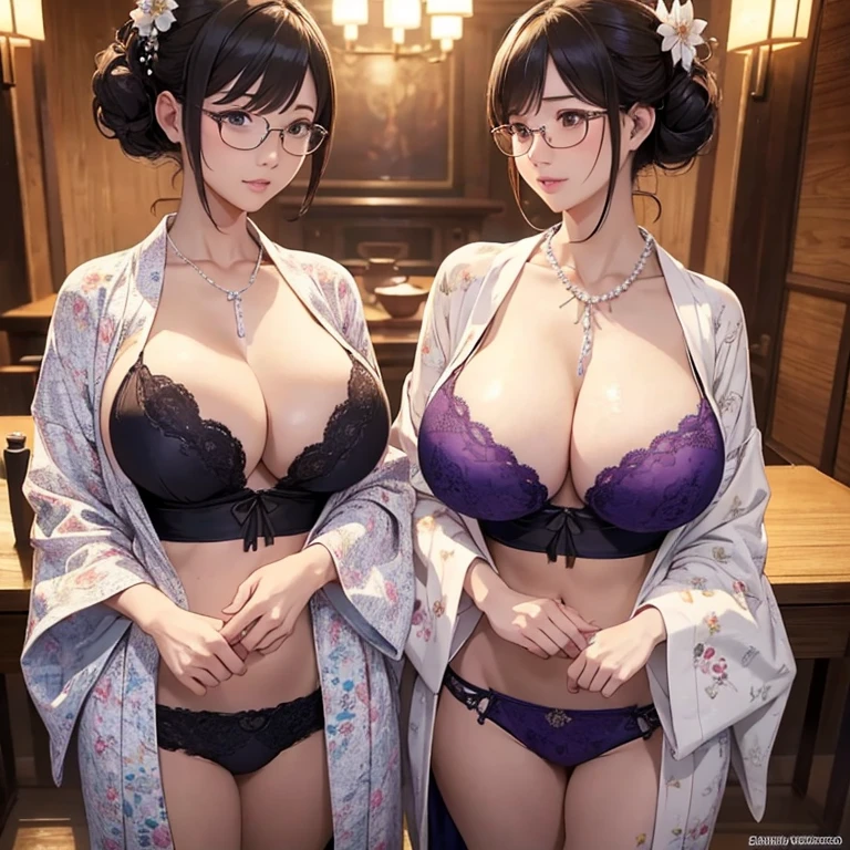 masterpiece , the best quality , 8k resolution, Intricate details , highly detailed , professional manufacturing , hight contrast , cinematic lighting , detailed back ground , vibrant , Twins , ebano , full body , Milf , mini yukata , micro lingerie, Big breasts , huge tits , glasses , Pearl necklace , sexy