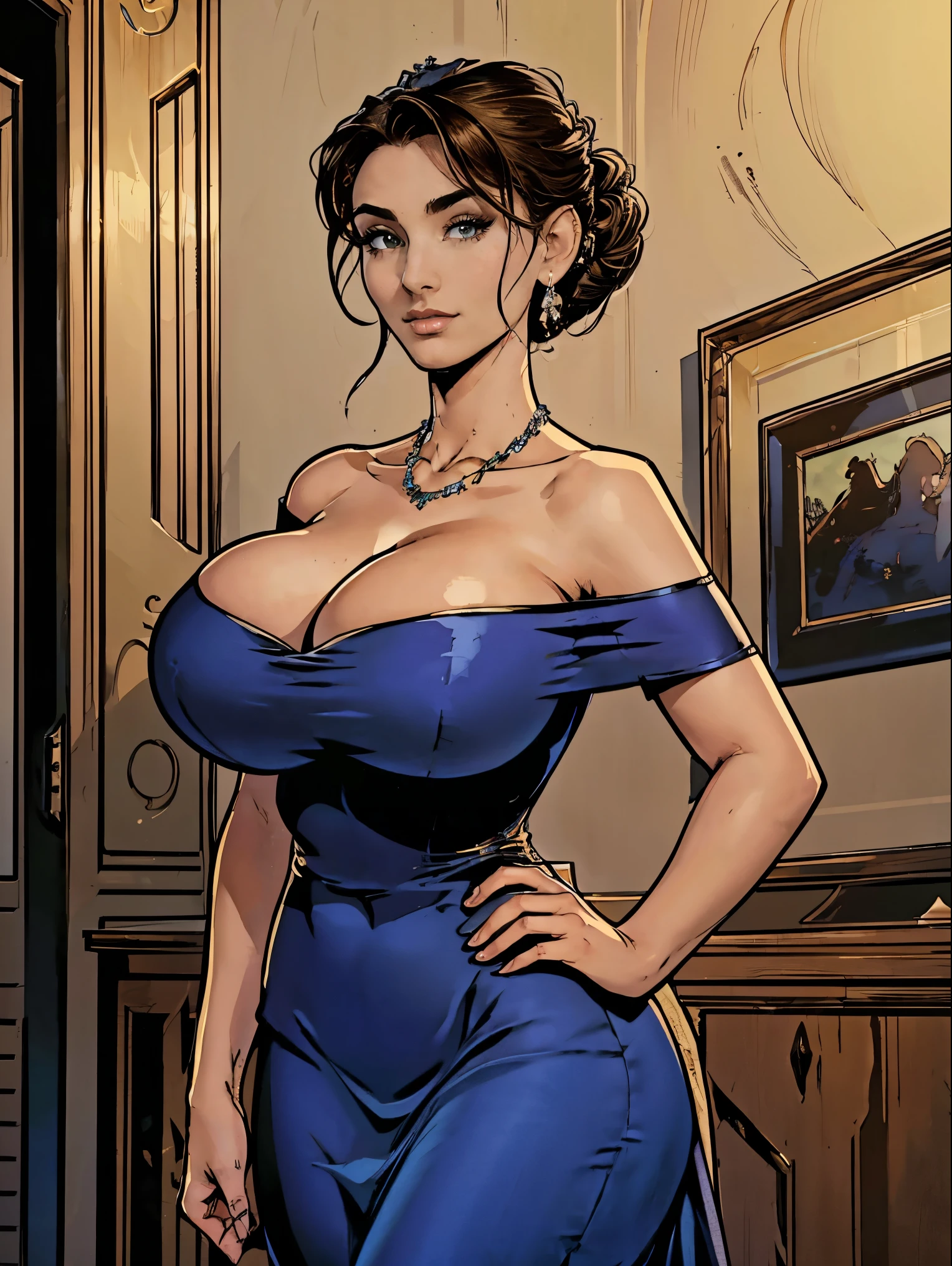 (masterpiece, top quality, best quality, official art, beautiful and aesthetic:1.2), (1girl:1.3), long dark brown hair, ((elegant updo)), extremely detailed, portrait, looking at viewer, solo, (full body:0.6), detailed background, close up, mischievous green eyes, (warm evening ballroom theme:1.1), extremely busty (thin) brunette, good posture, huge lips, charlatan, smirk, mysterious, strutting, dark blue off-shoulder dress, tight dress, gown, elegant, strapless, necklace, bare arms, ((short sleeves, off-shoulder, strapless)), (lifted breasts, ((gigantic breasts, cleavage, skindentation))), bouncing breasts, slim waist, slim hips, long legs, modern (ballroom interior:1.1) background, dark mysterious lighting, shadows, magical atmosphere, dutch angle