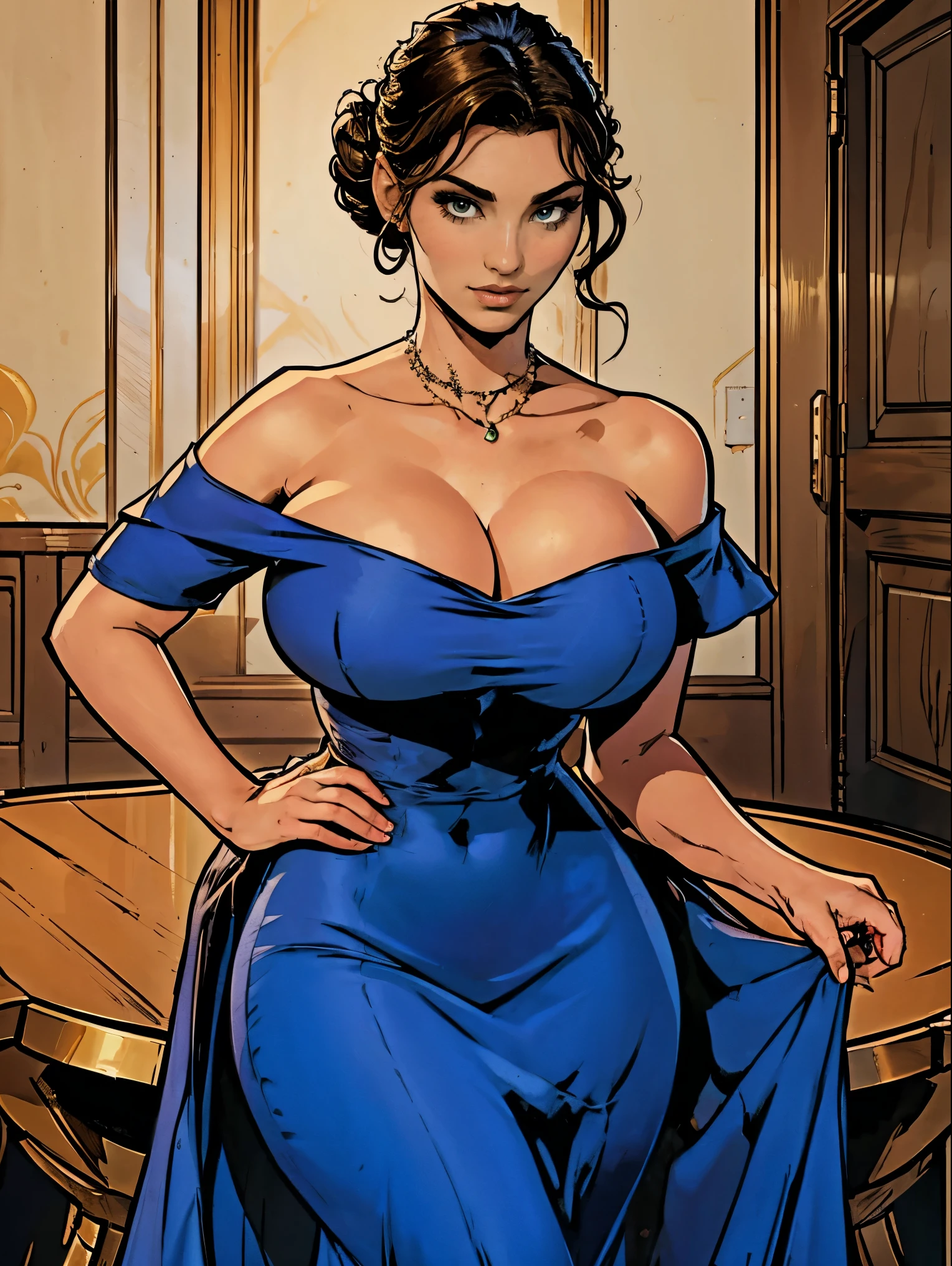 (masterpiece, top quality, best quality, official art, beautiful and aesthetic:1.2), (1girl:1.3), long dark brown hair, ((elegant updo)), extremely detailed, portrait, looking at viewer, solo, (full body:0.6), detailed background, close up, mischievous green eyes, (warm evening ballroom theme:1.1), extremely busty (thin) brunette, good posture, huge lips, charlatan, smirk, mysterious, strutting, dark blue off-shoulder dress, tight dress, gown, elegant, strapless, necklace, bare arms, ((short sleeves, off-shoulder, strapless)), (lifted breasts, ((gigantic breasts, cleavage, skindentation))), bouncing breasts, slim waist, slim hips, long legs, modern (ballroom interior:1.1) background, dark mysterious lighting, shadows, magical atmosphere, dutch angle