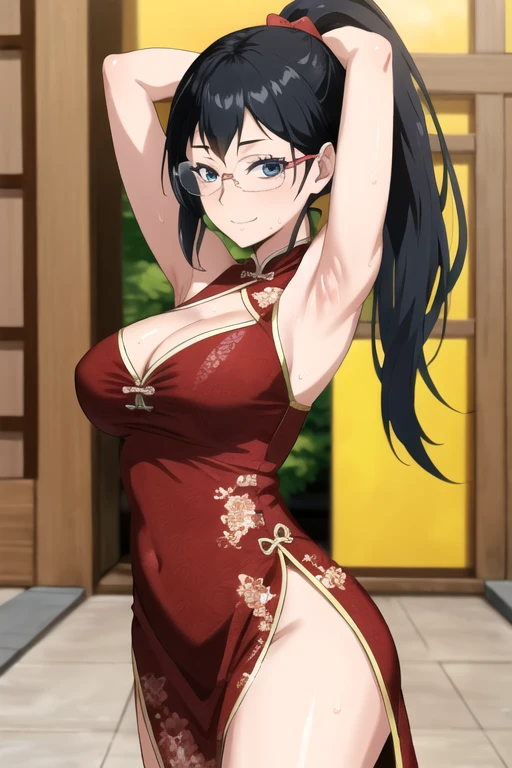 ((best quality)),((highly detailed)),masterpiece,absurdres,detailed face,beautiful face,(detailed eyes, deep eyes),1girl,((dynamic pose)), shimizu kiyoko, black hair, solo, bow, large breasts, cowboy shot, chinese town, outdoors, seductive smile, looking at viewer, wearing red sexy chinese dress, put your hands behind your head, armpits, armpits visible, sweaty armpits, wearing glasses, ponytail, cleavage visible