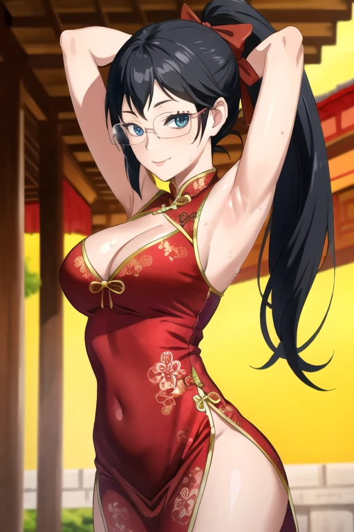 ((best quality)),((highly detailed)),masterpiece,absurdres,detailed face,beautiful face,(detailed eyes, deep eyes),1girl,((dynamic pose)), shimizu kiyoko, black hair, solo, bow, large breasts, cowboy shot, chinese town, outdoors, seductive smile, looking at viewer, wearing red sexy chinese dress, put your hands behind your head, armpits, armpits visible, sweaty armpits, wearing glasses, ponytail, cleavage visible