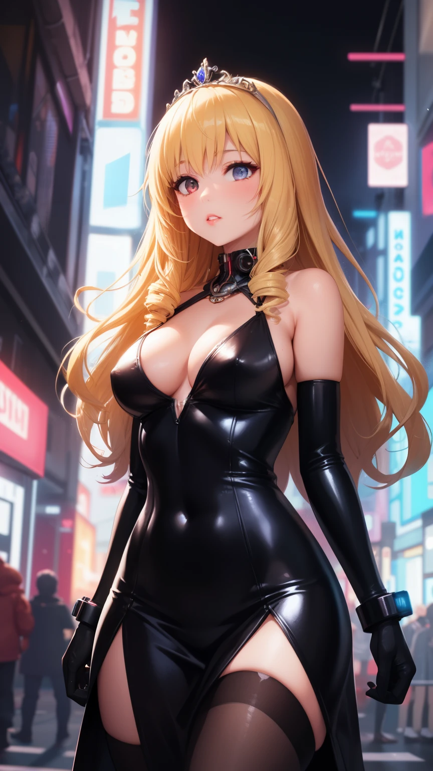 masterpiece, best quality, 1girl, very curly hair, blonde hair, shiny hair, tiara, diadem, medium breasts, glossy lips, good lighting, latifa fleuranza, (cyberpunk), city street, neon lights, night, crowd