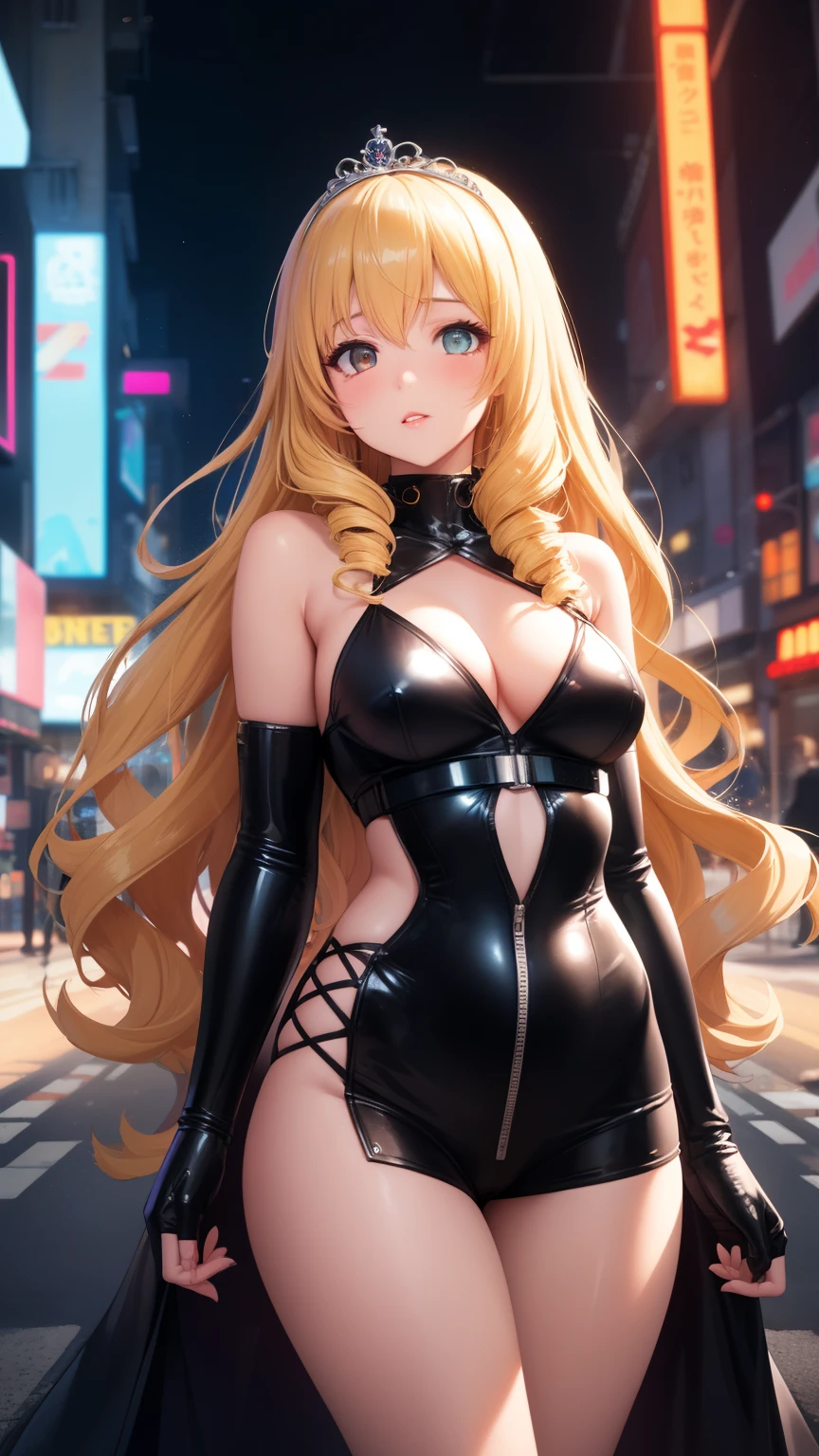 masterpiece, best quality, 1girl, very curly hair, blonde hair, shiny hair, tiara, diadem, medium breasts, glossy lips, good lighting, latifa fleuranza, (cyberpunk), city street, neon lights, night, crowd