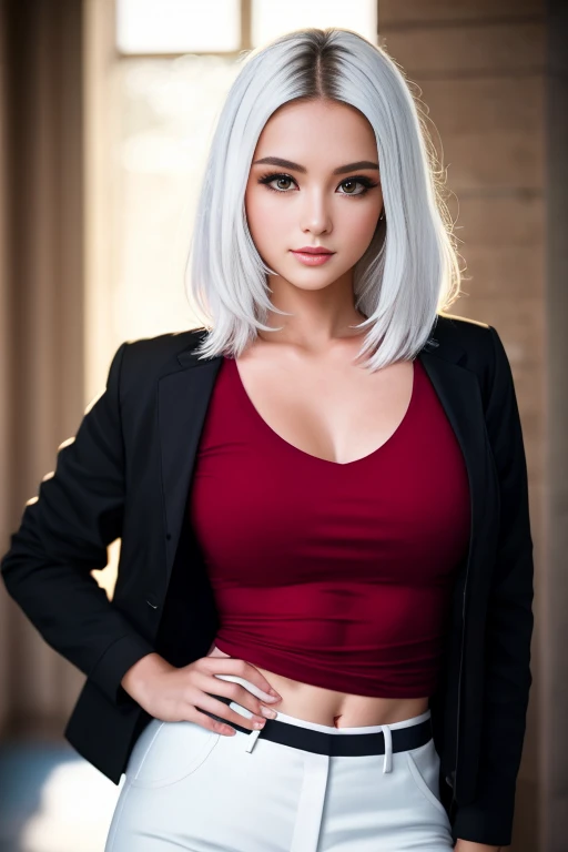 Best quality, masterpiece, high resolution, ung woman Albina, dressed in black choir pants and jacket,red blouse,white hair, beautiful face, physique, Tyndall effect, realistic, dark studio, rim lighting, duotone lighting, (high detail skin: 1.2), 8k uhd, DSLR, soft light, high quality, volumetric light, stealth shot, photo, high resolution, 4k, 8k, bokeh