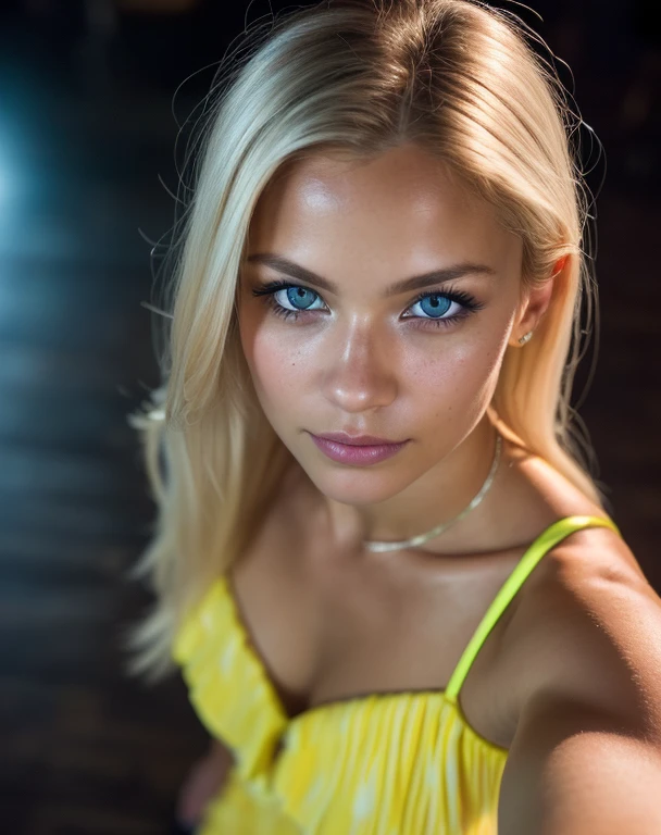 (selfie shot, from above: 1.4), (full-body portrait: 1.4), 24-year-old blonde (blue-eyed woman) walking in a bar RAW uhd portrait photo, natural breast_b, on the bed, (yellow sundress), (crack), detailed (texture!, hair!, shine, color!!, flaws: 1.1), highly detailed glowing eyes, (looking at camera), specular light, dslr, extreme quality, sharp focus, sharp, dof, Film grain, (centered), Fujifilm XT3, crystal clear, center of frame, cute face, sharp focus, street lamp, neon lights, bokeh, (dark light), low key, night, (night sky ) detailed skin pores, oil Dark skin, brown, complex eye details, zoom out