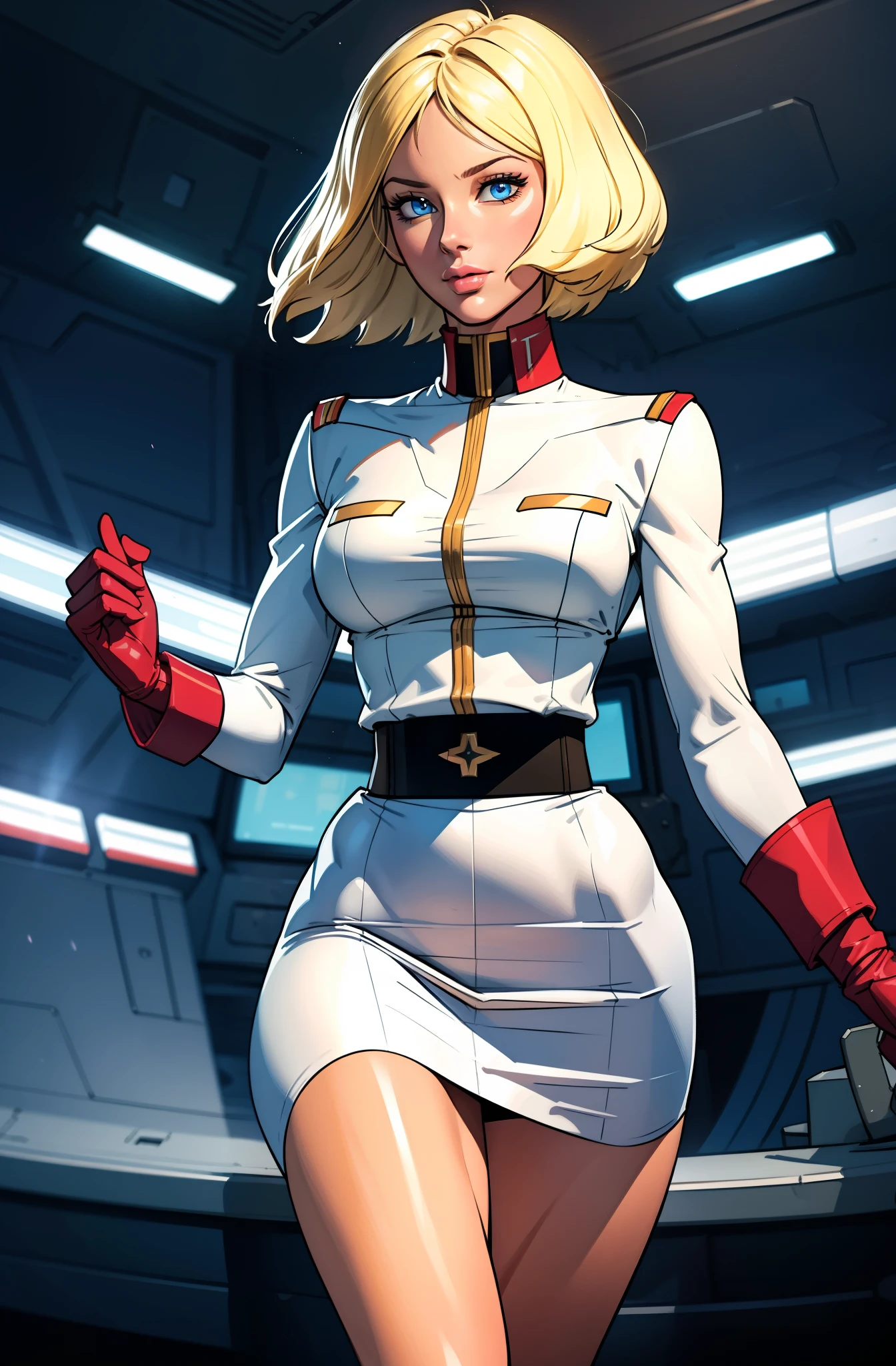 ((masterpiece)), ((cinematic lighting)), realistic photo、Real Images、Top image quality、1girl in, sayla mass, Elegant, masterpiece, Convoluted,Ultra mini skirt、wide hips, fit thighs, Best Quality, absurderes, high face detail, Perfect eyes, mature, Cowboy Shot, , Vibrant colors, White uniform, Skirt,