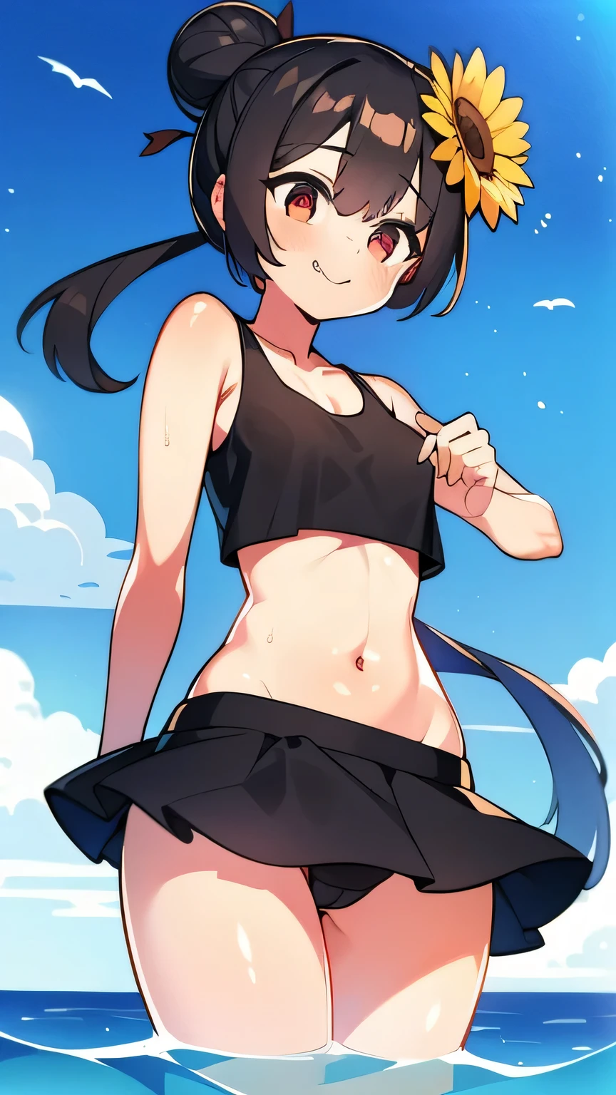 Best image quality,１People Girl,Black Hair,Bun Hair,Shiny Hair,black eye,Shining Eyes,smile,Double teeth,(Sunburn,Bikini Bag),sunflower,stream,Water Play,Wet,Tank top,mini skirt,girl,small,small breasts,Navel Fashion