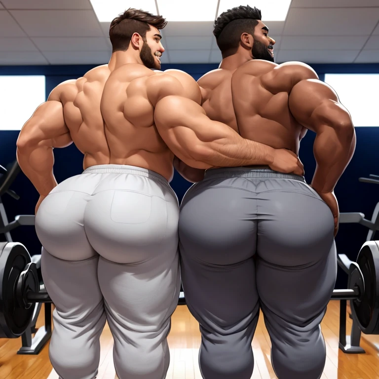 Two male college football players, muscular, jocks, at the gym, athletic, shirtless, dark brown hair, wearing grey sweatpants, big butt, huge ass, curvy men, comically massive ass, bubblebutt, thick, thicc, thick ass, thick legs, thick thighs, huge butt cheeks, ass huge, showing butt to camera, smiling, looking back at camera, big booty, boy booty, men with huge butts, men in grey sweatpants, showing off ass, absolutely massive butt, enormous ass cheeks in grey sweatpants, full ass, round ass, juicy ass, expansive ass, tight sweatpants, filled sweatpants, perky fat butt cheeks, gay for each other, gay, homosexual, touching each other’s butts