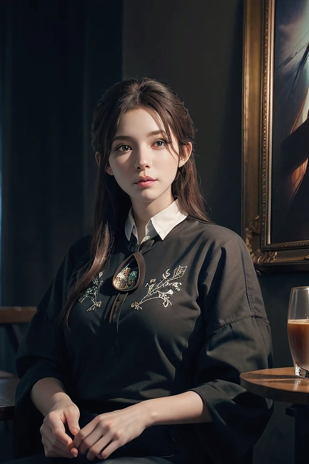 (front focus), (in the dark:1.6), Hyperrealist portrait of female by david hockney and alphonse mucha, fantasy art, photo realistic, dynamic lighting, artstation, poster, volumetric lighting, very detailed faces, 4 k, award winning, 1girl, in the dark, deep shadow, low key, cowboy shot, (official clothing:1.4), long hair, white hair background in coffee shop