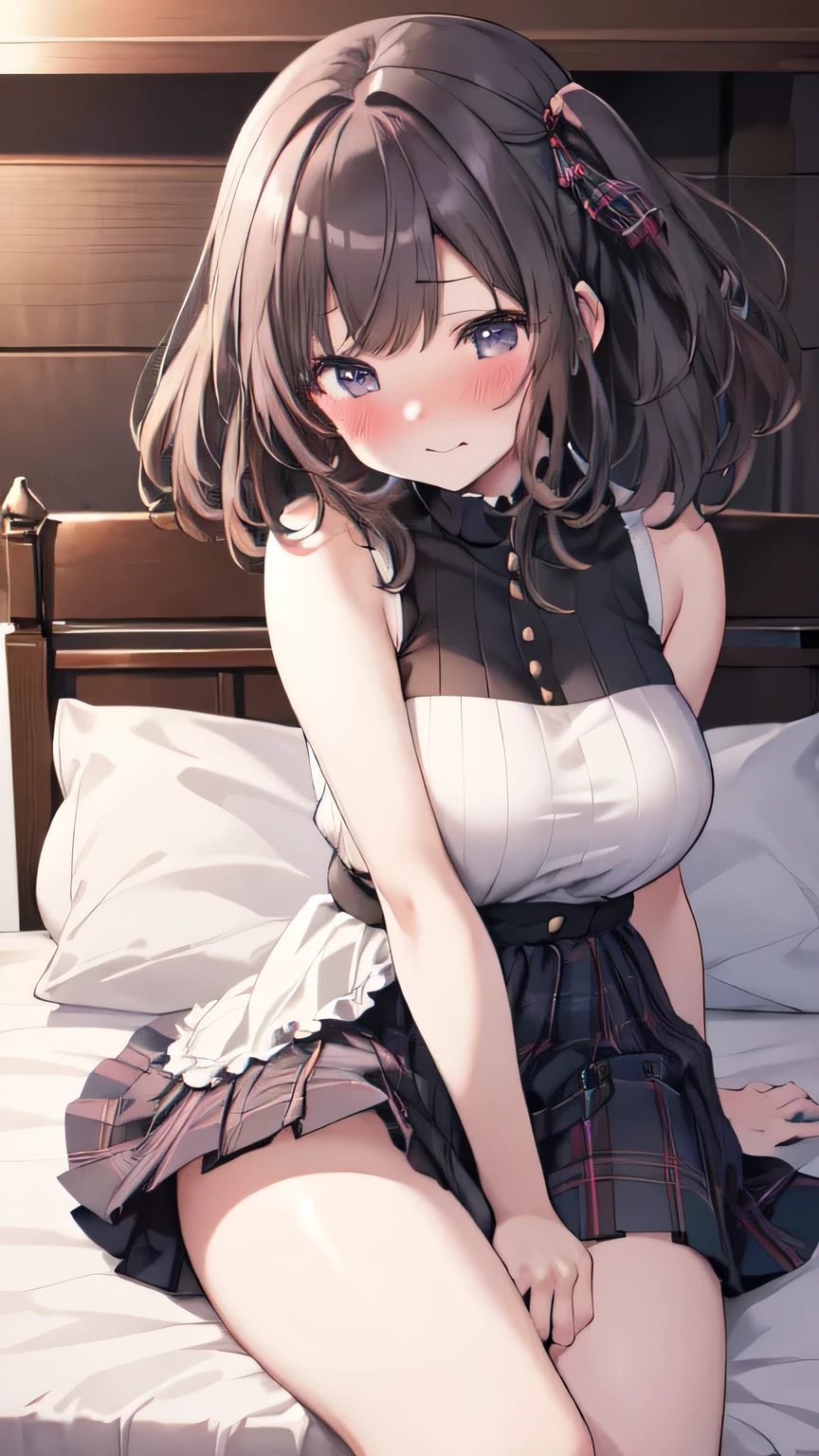 Very detailed、(8k, RAW Photos, highest quality, masterpiece:1.2), (Very detailed 8k wallpaper),shape、Professional Lighting,Sharp focus, Written boundary depth、
Browsing Caution、Clear Eyes、Perfect Anatomy、With a girl、12 years old、Black Hair、、(blush:1.5)、A white sleeveless sweater made of comfortable material that fits the body well.、Tartan check micro mini skirt、、Black knee-high socks、,、imminent kiss,(Accentuate your thighs:1.3)、Lying on your back in bed、Skirt lift、