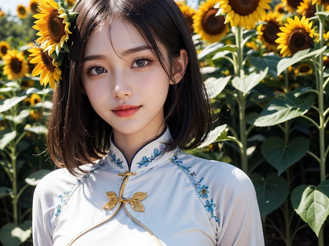 Top-quality Realistic,Official art,Highly detailed CG Unity 8k wallpaper,ultra-detailliert,hight resolution,Physically-based rendering,Magnificat,finely detail,masterpiece,Best Quality,ultra detailed,Mature beauty,Beautiful women,1girl,moist lips,sexy lips,Sexy smile,Gentle smile, 20 years old, Beautiful bare skin,Smooth bare skin, big well-shaped breasts, beautiful cleavage,beautiful Mature body,swept bangs,(Medium hair:1.3), beautiful detailed eyes,model shoot style,Japanese Idol,Full-body,((Sunflower blooming field)),BREAK, ((Ao dai:1.3)),(vietnamese national costume),Standing model pose,Delicately expressed eyes,cute smile,shoot from front,A lot of Sunflower are blooming,walking Sunflower street,((Extreme close-up)),