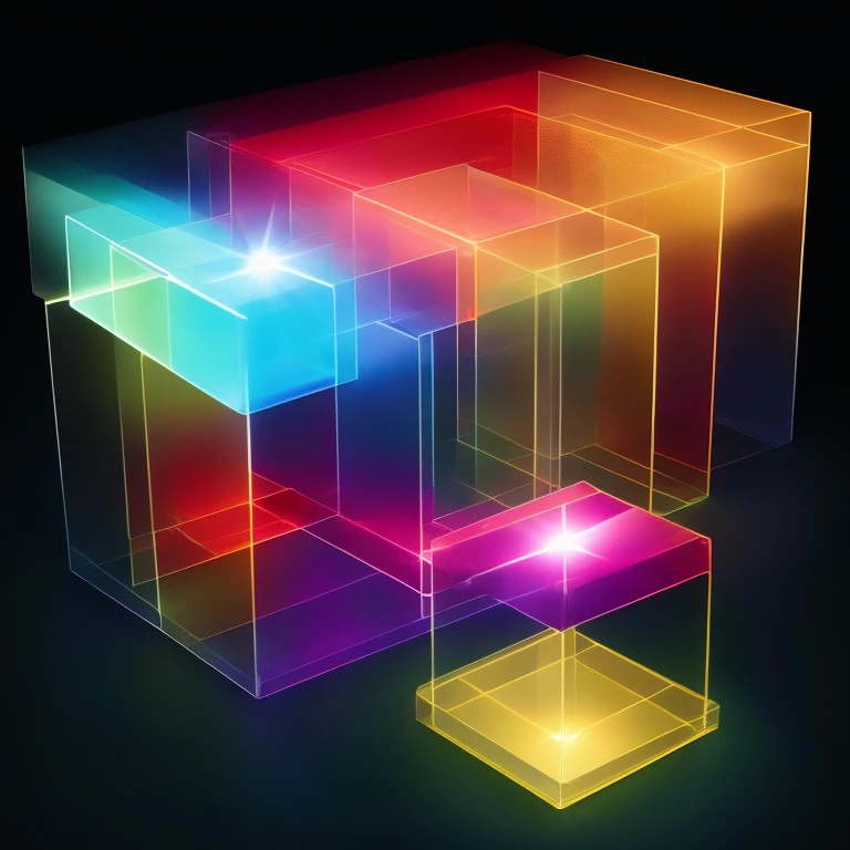 Realistic Object: Cubic prism sculpture, a single cube,with rays of light passing through it, an elegant and compact design, BREAK, Appearance: made of translucent glass, which refracts light into a spectrum of opaque colors, BREAK, Quality: Smooth and flawless surface, reflecting a brilliant shine, BREAK, Colors: Luminous shades of cyan, magenta and yellow, creating a captivating chromatic display, with a dark cyberpunk background