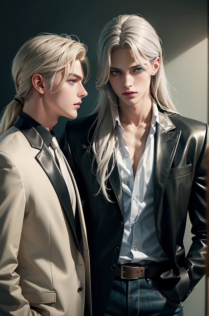 2 men, standing facing each other. A tall, handsome, statuesque, courageous young man is platinum blond, he has tanned skin, long straight platinum hair, blue eyes, he is dressed in an suit, he is facing another young man, he has long straight platinum hair, long bangs, green eyes, he is dressed in a leather jacket, jeans. Masterpiece, detailed study of the face, beautiful face, beautiful  features, perfect image, realistic shots, detailed study of faces, full-length image, 8k, detailed image. an extremely detailed illustration, a real masterpiece of the highest quality, with careful drawing. grey hair, green eyes, long hair, low ponytail