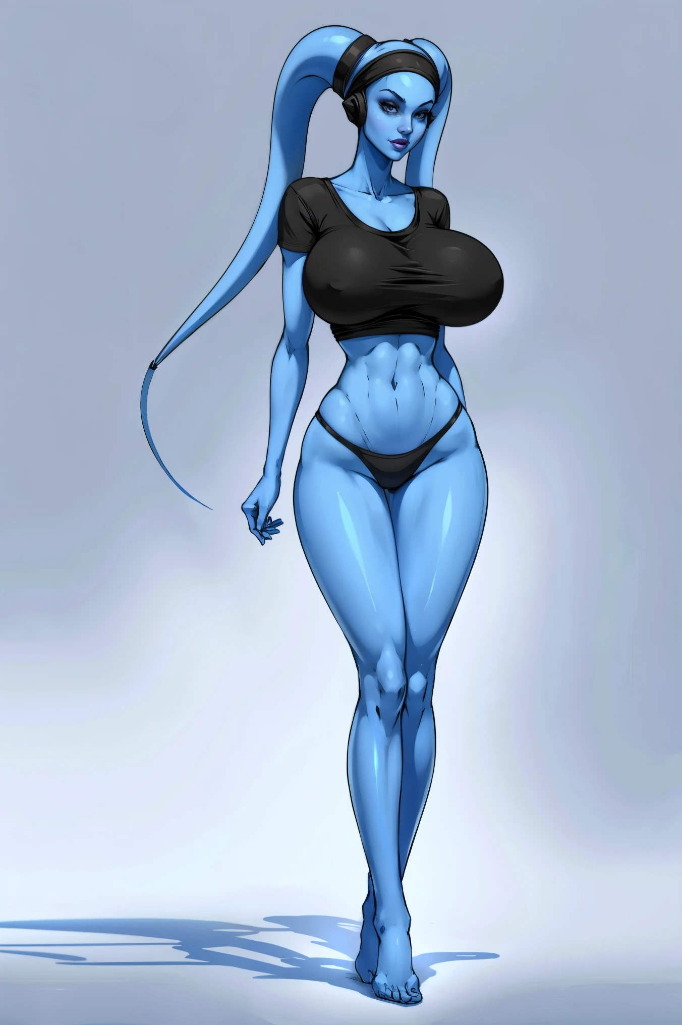 Tall, (thin), Blue Skin Twi'lek with (huge breasts) wearing an oversized t-shirt, panties, huge breasts, tall, graceful, (tall), slim hips, small waist, full-body shot