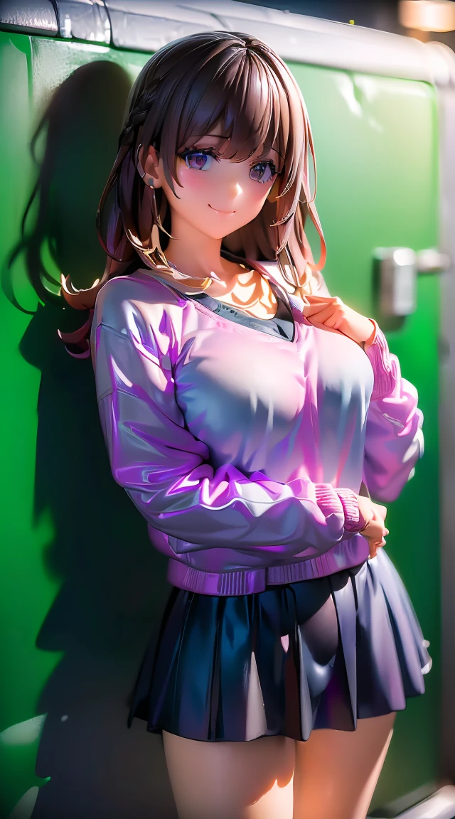 masterpiece, top-quality, the Extremely Detailed CG Unity 8K Wallpapers, Ultra-realistic 8kCG, erfect artwork, The perfect female figure, Dramatic shadows, (spot light, Perfect litthing, Detailed light, (((1girl in))), ((Sharp face)), ((Brown hair, waved hair)), (((sexypose))), Model body type, Navel is visible, large full breasts, ((cute face)), (gently smiling: 1.2), (asymmetrical bangs, beautiful eyelashes), Beautiful face, (beautiful chest line:1.2), (cleavage), beautiful a girl, Exquisite facial features depicting the perfect face, Cold, Naturally beautiful, Sweating, slenderbody, Light and beautiful thigh expression, hi-school girl, high-school transparent uniform,sparking transparent pleated tule skirt, Loose Socks, In front of a wall full of graffiti, Night, (((Leaning on the wall, is standing))), awardwinning photo, detaile, realistic light and shadow, 8K resolution, Professional Lighting, (glistning skin:0.9), perfect hand,large brest,in to the water buth,big buth room,