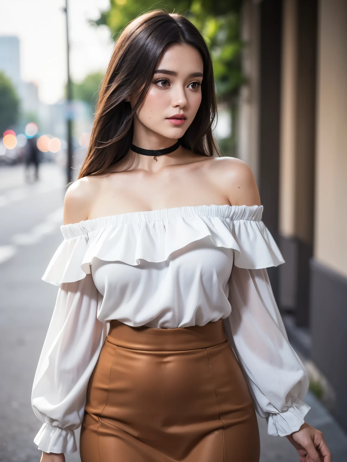 best quality, ultra high res, (photorealistic:1.4), 1girl, off-shoulder white shirt, black tight skirt, black choker, (faded ash brown hair:1), looking at above, ThaifaceMIXX