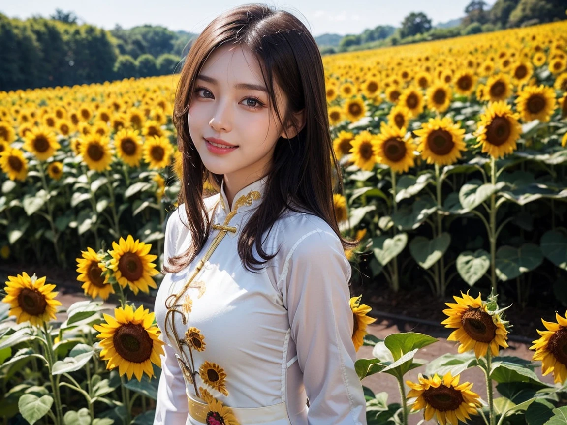 Top-quality Realistic,Official art,Highly detailed CG Unity 8k wallpaper,ultra-detailliert,hight resolution,Physically-based rendering,Magnificat,finely detail,masterpiece,Best Quality,ultra detailed,Mature beauty,Beautiful women,1girl,moist lips,sexy lips,Sexy smile,Gentle smile, 20 years old, Beautiful bare skin,Smooth bare skin, big well-shaped breasts, beautiful cleavage,beautiful Mature body,swept bangs,(Medium hair:1.3), beautiful detailed eyes,model shoot style,Japanese Idol,Full-body,((Sunflower blooming field)),BREAK, ((Ao dai:1.3)),(vietnamese national costume),Standing model pose,Delicately expressed eyes,cute smile,shoot from front,A lot of Sunflower are blooming,walking Sunflower street,