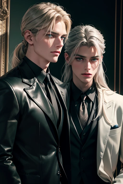 2 men, standing facing each other. A tall, handsome, statuesque, courageous young man is platinum blond, he has tanned skin, long straight platinum hair, blue eyes, he is dressed in an suit, he is facing another young man, he has long straight platinum hair, long bangs, green eyes, he is dressed in a leather jacket, jeans. Masterpiece, detailed study of the face, beautiful face, beautiful facial features, perfect image, realistic shots, detailed study of faces, full-length image, 8k, detailed image. an extremely detailed illustration, a real masterpiece of the highest quality, with careful drawing. grey hair, green eyes, long hair, low ponytail