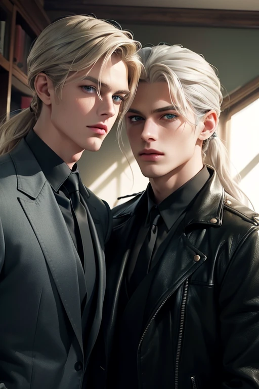 2 men, standing facing each other. A tall, handsome, statuesque, courageous young man is platinum blond, he has tanned skin, long straight platinum hair, blue eyes, he is dressed in an suit, he is facing another young man, he has long straight platinum hair, long bangs, green eyes, he is dressed in a leather jacket, jeans. Masterpiece, detailed study of the face, beautiful face, beautiful facial features, perfect image, realistic shots, detailed study of faces, full-length image, 8k, detailed image. an extremely detailed illustration, a real masterpiece of the highest quality, with careful drawing. grey hair, green eyes, long hair, low ponytail
