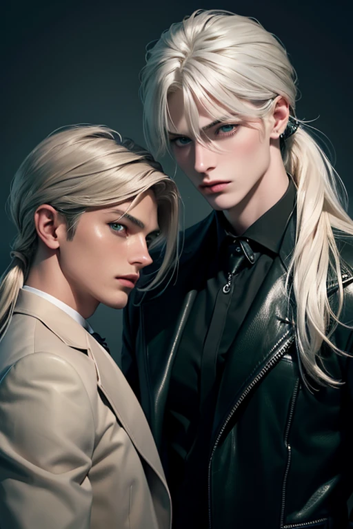2 men, standing facing each other. A tall, handsome, statuesque, courageous young man is platinum blond, he has tanned skin, long straight platinum hair, blue eyes, he is dressed in an suit, he is facing another young man, he has long straight platinum hair, long bangs, green eyes, he is dressed in a leather jacket, jeans. Masterpiece, detailed study of the face, beautiful face, beautiful facial features, perfect image, realistic shots, detailed study of faces, full-length image, 8k, detailed image. an extremely detailed illustration, a real masterpiece of the highest quality, with careful drawing. grey hair, green eyes, long hair, low ponytail