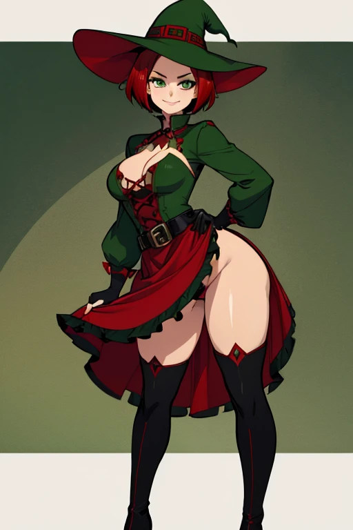 female, green short hair with red highlights, green eyes, (((1girl))), (((red gothic dress with green trim))), (black fingerless gloves), (red witch's hat with black trim), (black belt), (white stockings), (brown boots), cute and sexy, full body, modest breasts, modest butt, long legs, smiling