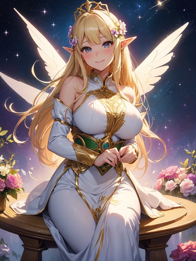 最high quality、1girl ELF
NP: worst quality ,flower fractal art,
rule of thirds composition,
beautiful glow,
romanticism,ANGEL wing
the most beautiful form of chaos, various colors, entangled flower, Particle,magical gentle light,smile,sexy,Image quality、masterpiece、Beautiful Face、Super beautiful elf girl((22 year old office lady with big breasts、Bust 90,Beautiful long ironed hair、blonde、height: 165cm。、sexy、Esbian、Beautiful tiara、、high quality、美しいart、galactic creation、background((星nullスキー)))、ビジュアルart、Written boundary depth、、Elf Ears、、Lightのmagic、universe、Happy smile、穏やかなLight、Elven Forest、elegant、ticker beautiful decorative、flower瓶、magicのflower、光を作るmagic、Light、Earth、 null、Beautiful dressy、Beautiful dress、table、giant galaxy、myth、art、、sexy、A kind smile、wonderful、舞い散るflowerびら、Spectacular landscapes、Beautiful Landscape、universeのmagic、magicのLight、Fantasy、flower、super REALITY、magic、universeを飛ぶ、、Grow Fantasy、、mysteryのLight、Byzantine、Art Nouveau、Elven Nation、 たくさんのflower、、art、art,mystery,Ultra-high resolution,magicalgentle light,sexy、Marble pillar、golden decoration