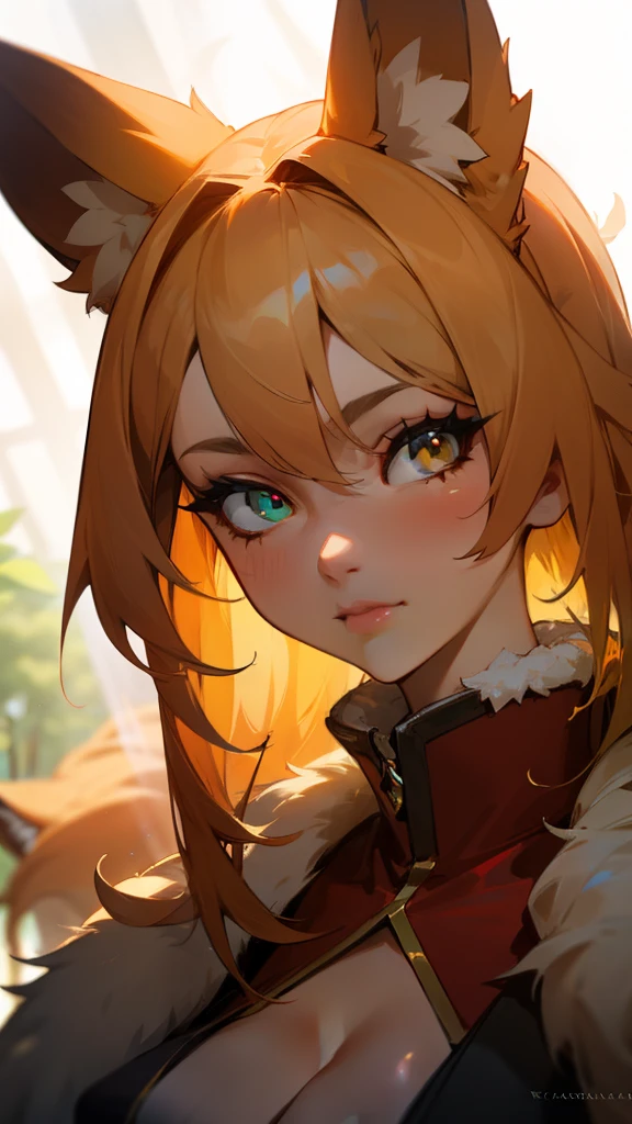 (ultra detailed), beautiful and captivating life-size portrait of a seductive vixen, Anthro, created by Krachan on DeviantArt . This exquisite piece showcases the fox-like features of a vixen in all their glory... She wears thin, shimmering fur coat, highlighting her lithe figure and sensual curves. Her fox ears are pricked, and her fluffy tail is curled meaningfully. Her seductive gaze is fixed on the viewer., her eyes are wide and expressive. The portrait is placed against a rich background, Deep forest, with rays of sunlight, penetrating through