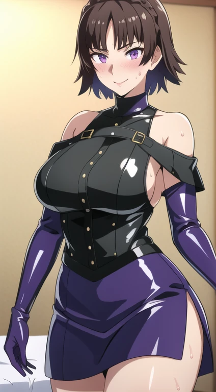 masterpiece, 1 girl, alone, Shortcuts, , Makoto "Queen" Niijima (Makoto Niijima) - Persona、Looking at the audience, Big Breasts, Mature Woman, blush, smile, Black Hair、Lilac eyes, Pink Bed, Mature Woman,Black latex gloves,Purple off-the-shoulder latex suit,Purple Skirt,Purple off-the-shoulder latex,Purple latex skirt,Latex shirt,Purple latex off-shoulder shirt,Armpit sweat