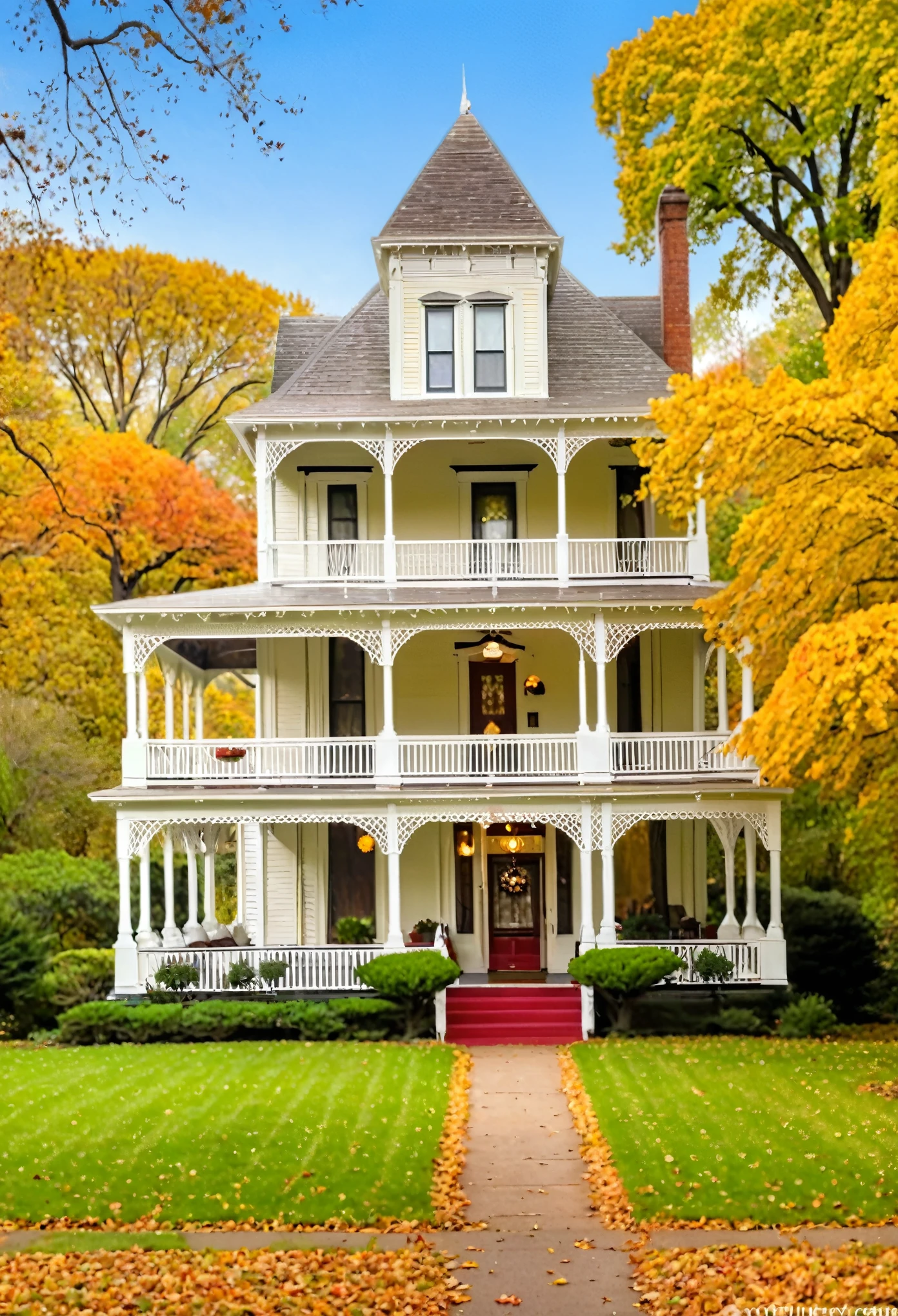 A charming 1950s Victorian house with a wrap-around porch, surrounded by vibrant autumn foliage, reminiscent of Norman Rockwell's idyllic paintings.