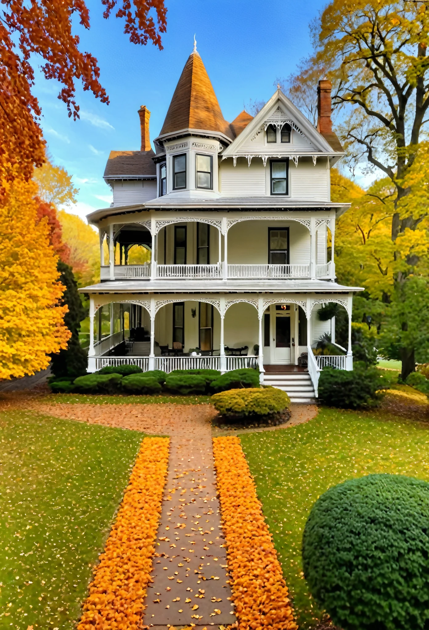 A charming 1950s Victorian house with a wrap-around porch, surrounded by vibrant autumn foliage, reminiscent of Norman Rockwell's idyllic paintings.
