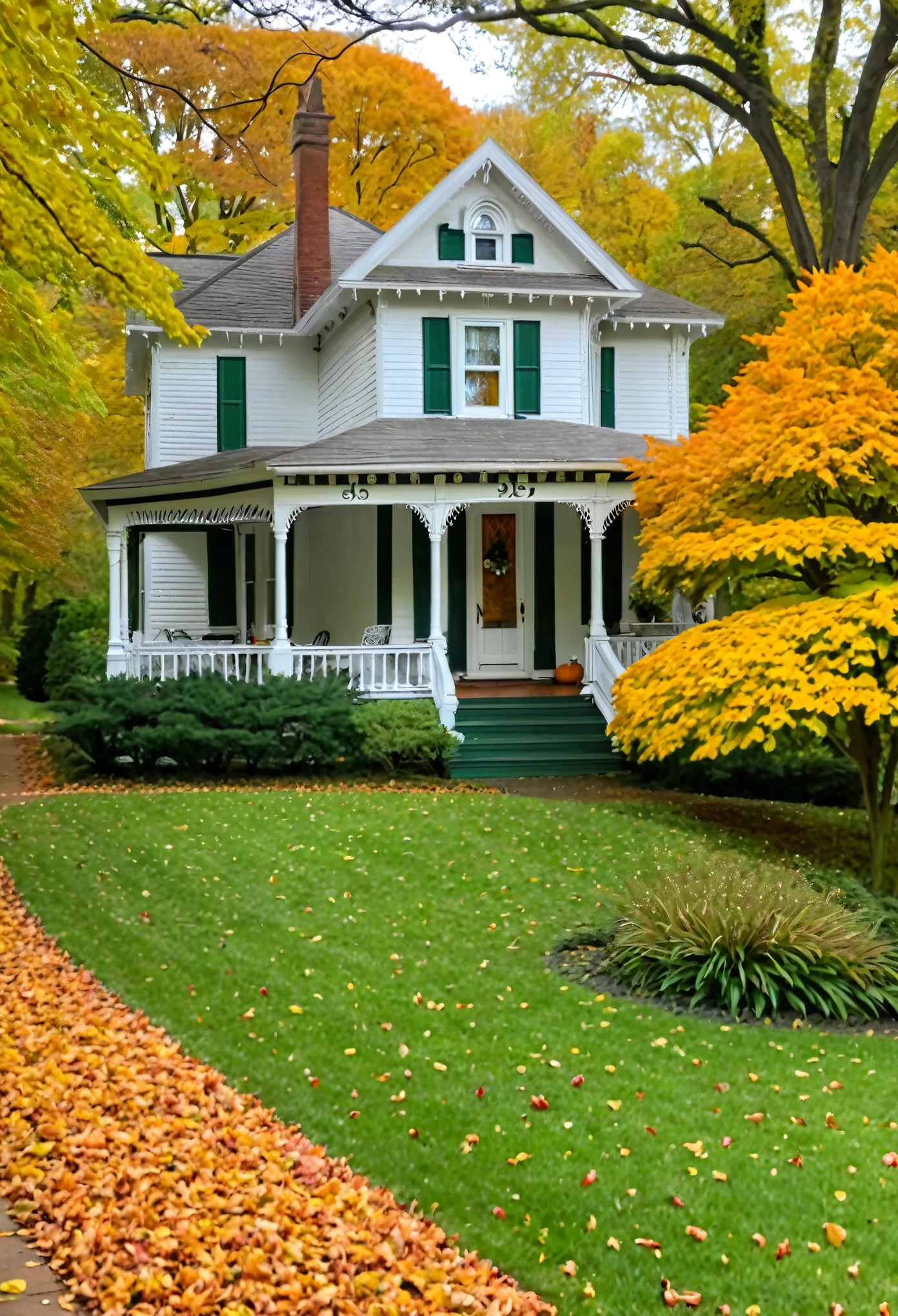A charming 1950s Victorian house with a wrap-around porch, surrounded by vibrant autumn foliage, reminiscent of Norman Rockwell's idyllic paintings.