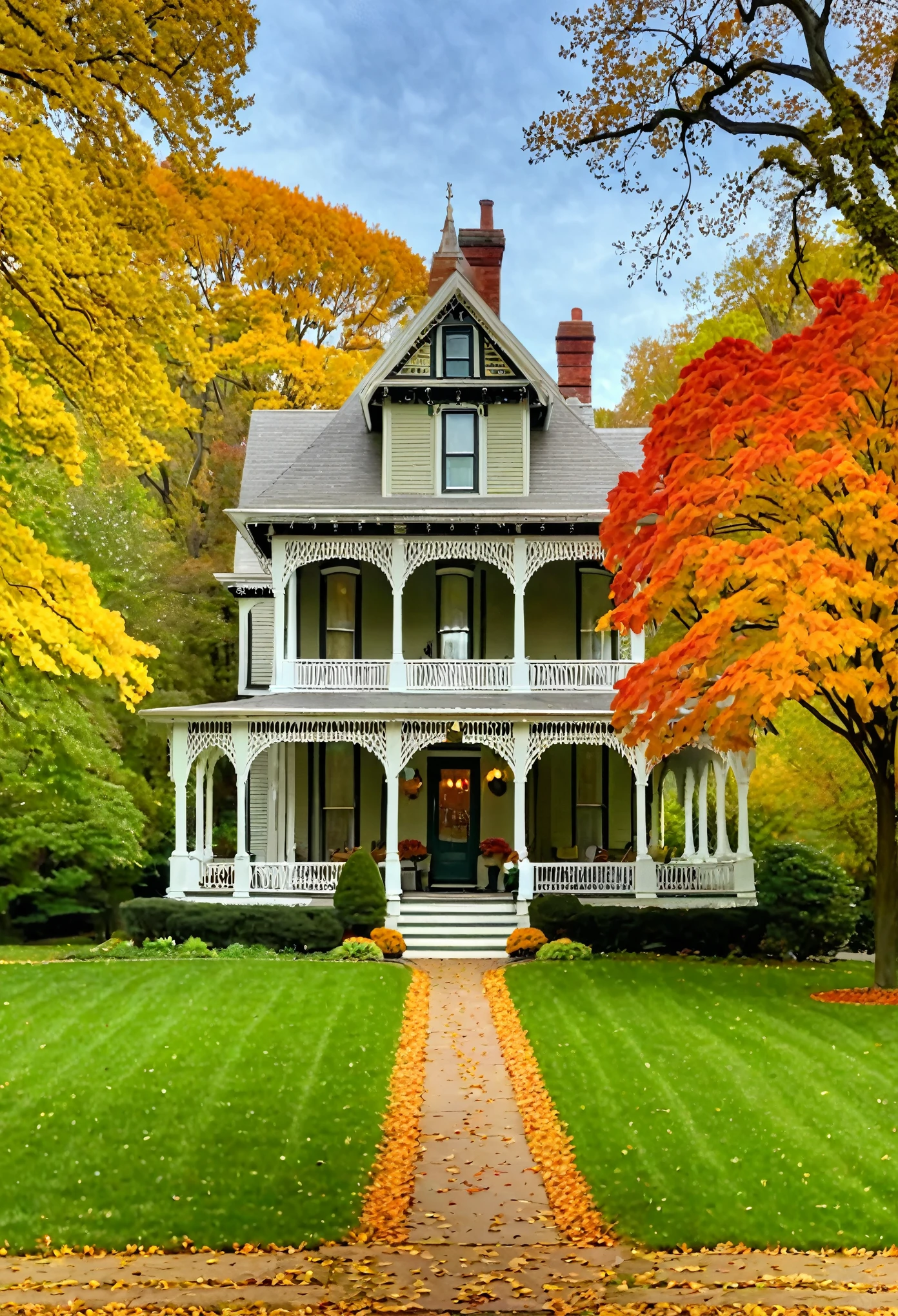 A charming 1950s Victorian house with a wrap-around porch, surrounded by vibrant autumn foliage, reminiscent of Norman Rockwell's idyllic paintings.