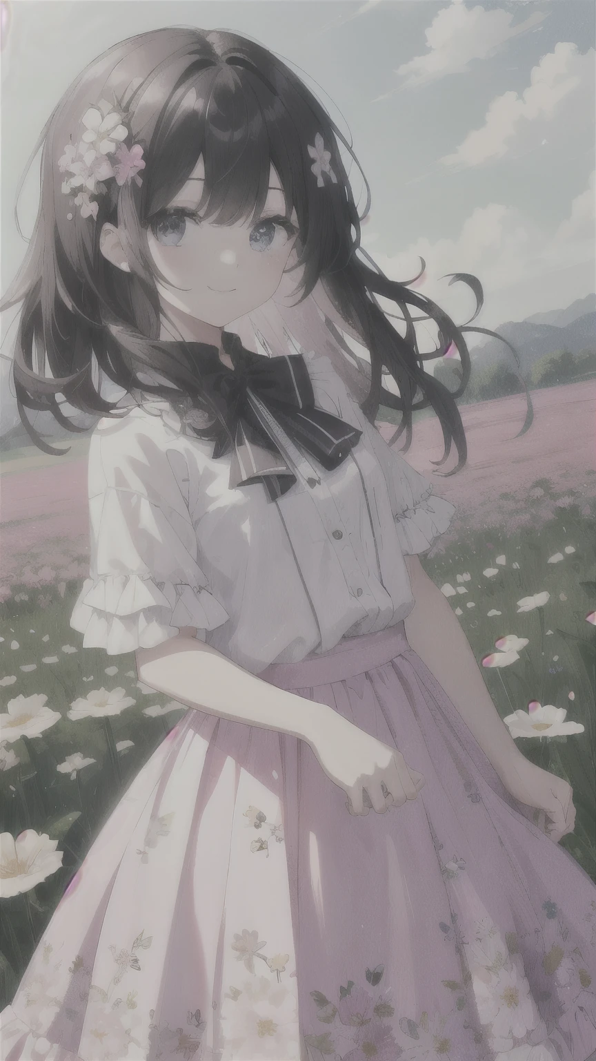 (highest quality), (masterpiece), 1080p, hd, 4k, 8K, corolla, floral skirt, White frill, blue, pink, smile, Black Hair, Flower Field