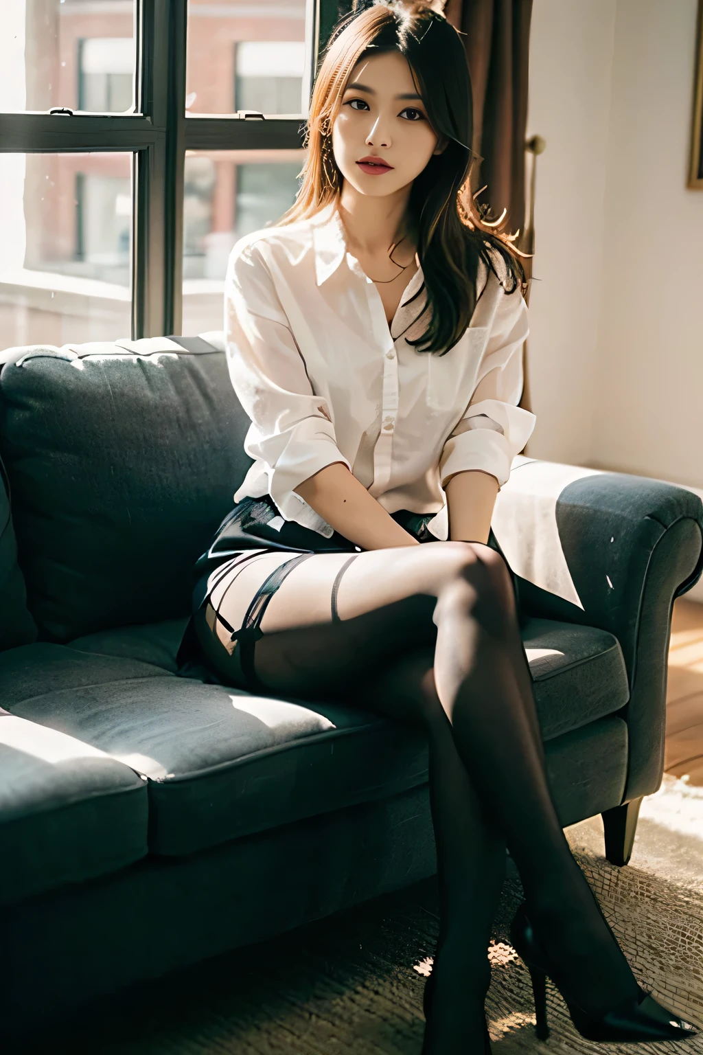 one-girl,Sit on a comfortable sofa,Cross ed leg,Soft light,wearing silk stockings,Wear a shirt ,Wear high heels,
