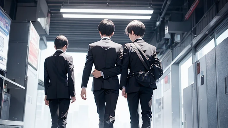 A VIP walking while being held by two SPs、Shot from behind