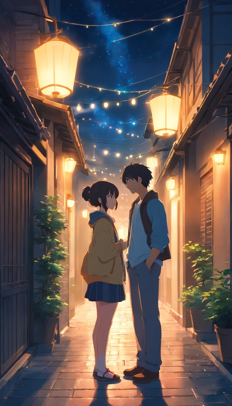 there are two people standing together in a courtyard at night, with glowing lights at night, lovely couple, candid picture, taken with sony alpha 9, edited, very very high quality picture, at night with lights