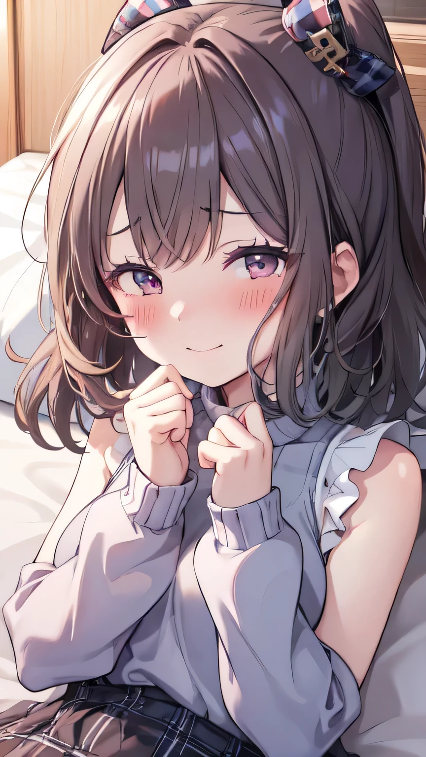 Very detailed、(8k, RAW Photos, highest quality, masterpiece:1.2), (Very detailed 8k wallpaper),shape、Professional Lighting,Sharp focus, Written boundary depth、
Browsing Caution、Clear Eyes、Perfect Anatomy、With a girl、12 years old、、(blush:1.5)、(White sleeveless sweater:1.3)、Tartan check micro mini skirt、、Black knee-high socks、,、imminent kiss,(Accentuate your thighs:1.3)、Lying on your back in bed、(Skirt lift:1.2)、